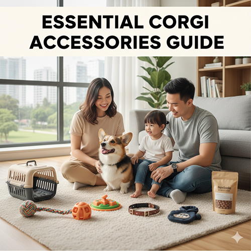 Gia đình cùng chó Corgi 🐾 với phụ kiện cần thiết: vòng cổ, đồ chơi, lồng vận chuyển, thức ăn.