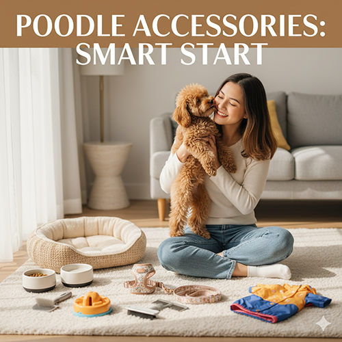 Người phụ nữ ôm chó Poodle bên cạnh bộ phụ kiện cơ bản gồm ổ nằm, bát ăn, đồ chơi, dây dắt và quần áo