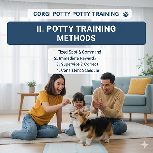 Gia đình hướng dẫn chó Corgi đi vệ sinh đúng chỗ với khay lót và phần thưởng 🐶