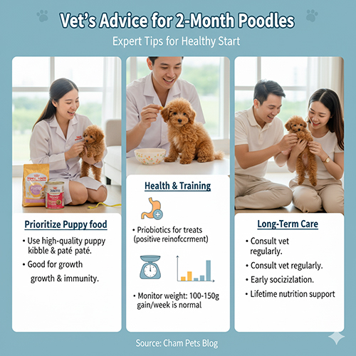 Lời khuyên từ bác sĩ thú y cho Poodle 2 tháng tuổi: ưu tiên hạt và pate cho chó con, bổ sung men tiêu hóa, huấn luyện cơ bản với bánh thưởng, theo dõi cân nặng tăng 100–150g/tuần.
