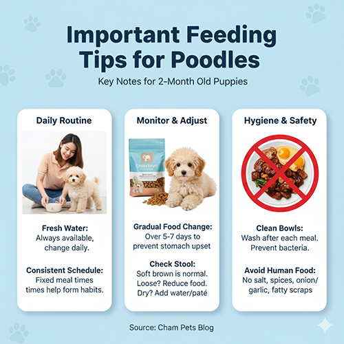 Lưu ý khi cho Poodle 2 tháng tuổi ăn: luôn có nước sạch, giữ giờ ăn cố định, đổi thức ăn từ từ, quan sát phân, rửa bát sau mỗi bữa.