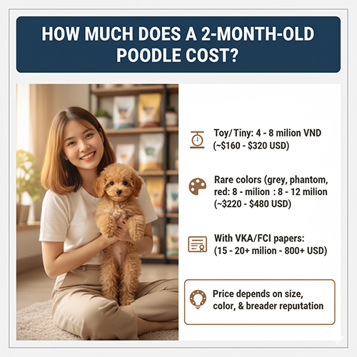 Giá chó Poodle 2 tháng tuổi – Toy/Tiny 4–8 triệu, màu hiếm 8–12 triệu, có giấy VKA/FCI từ 15–20 triệu
