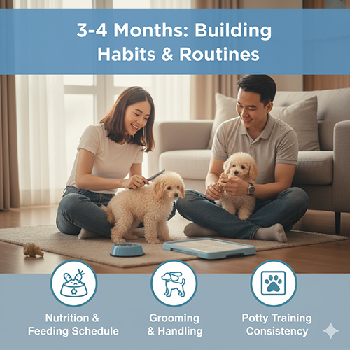 Chó Poodle 3–4 tháng tuổi – tập ăn 3–4 bữa/ngày, hình thành nếp vệ sinh, làm quen chải lông và đồ gặm an toàn