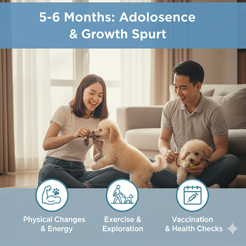 Chó Poodle 5–6 tháng tuổi – giai đoạn dậy thì, thay lông, nhiều năng lượng, cần tiêm nhắc và tẩy giun