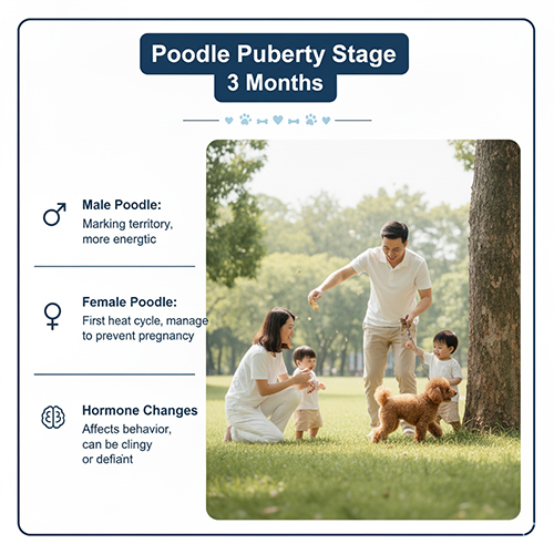 Poodle 6 tháng tuổi bước vào giai đoạn dậy thì: Poodle đực đánh dấu lãnh thổ, Poodle cái có kỳ động dục đầu tiên, thay đổi hormone ảnh hưởng hành vi.