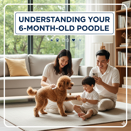 Poodle 6 tháng tuổi cùng gia đình – giai đoạn dậy thì quan trọng về phát triển thể chất và tính cách.