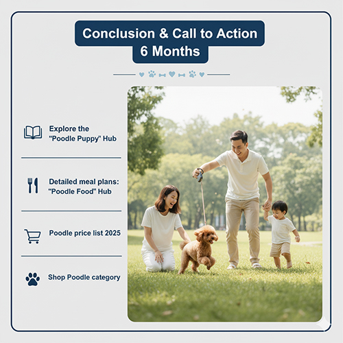 Kết luận và Call to Action cho Poodle 6 tháng tuổi: giai đoạn dậy thì, rèn nếp, chế độ ăn, hành vi, CTA tham khảo Hub Poodle con, Hub ăn gì, bảng giá 2025, danh mục Poodle.