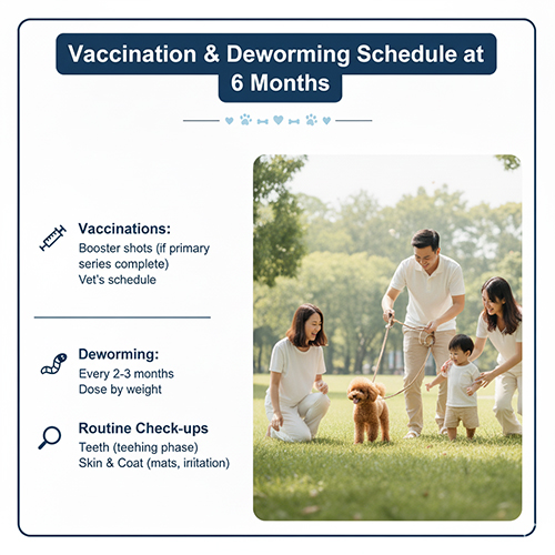 Lịch tiêm và tẩy giun cho Poodle 6 tháng tuổi: nhắc lại vaccine, tẩy giun 2–3 tháng/lần, kiểm tra răng và da lông định kỳ.