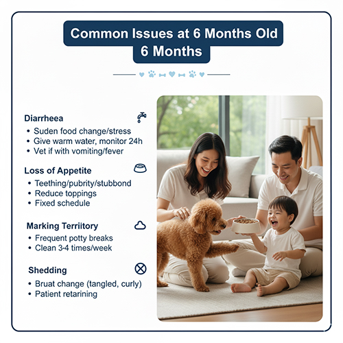 Sự cố thường gặp ở Poodle 6 tháng tuổi: tiêu chảy, biếng ăn, đánh dấu lung tung, thay lông xoăn rụng nhiều.