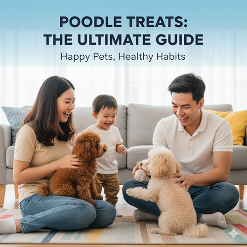Gia đình vui vẻ cho Poodle ăn bánh thưởng, gợi ý snack ngon bổ dễ dùng cho chó Poodle.