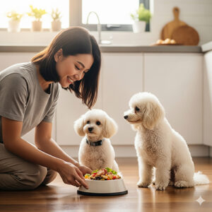 Hai chú chó Poodle trắng đang ngồi trong bếp chờ cô chủ chuẩn bị bữa ăn đầy đủ dinh dưỡng.