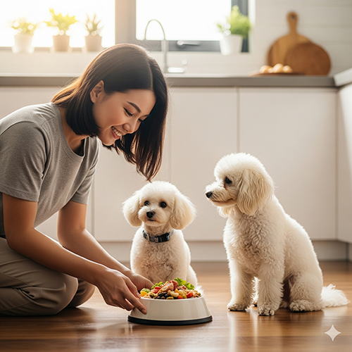 Hai chú chó Poodle trắng đang ngồi trong bếp chờ cô chủ chuẩn bị bữa ăn đầy đủ dinh dưỡng.