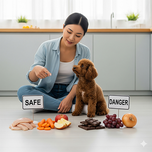 Cô gái chỉ cho chó Poodle nâu đỏ biết nhóm thực phẩm an toàn (thịt, rau củ, trái cây) và nhóm nguy hiểm (socola, nho, hành).