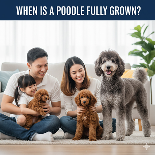 Poodle trưởng thành khi nào? Tiny/Toy: 10–12 tháng, Miniature: 12–14 tháng, Standard: 14–18 tháng; dấu hiệu: cân nặng ổn định, lông xoăn dày, tính cách chững chạc.