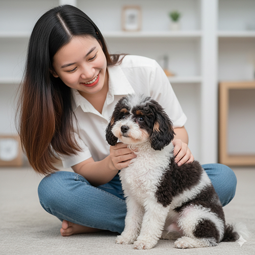 Chó Poodle bò sữa với bộ lông trắng pha đen độc đáo, hoa văn không trùng lặp, ngồi cạnh cô gái.