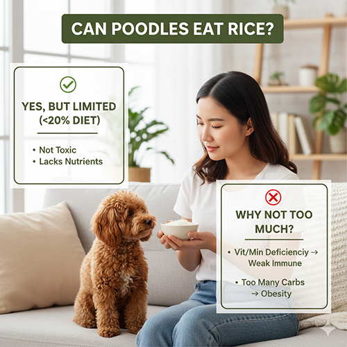 Chó Poodle có ăn cơm được không – chỉ nên <20% khẩu phần, ăn nhiều dễ thiếu dưỡng chất, béo phì và lông bạc xơ xác.