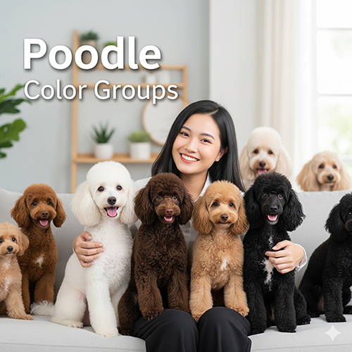 Nhiều chú chó Poodle với các màu lông khác nhau như trắng, nâu, đen, kem cùng ngồi cạnh cô gái, minh họa các nhóm màu Poodle phổ biến và mở rộng.