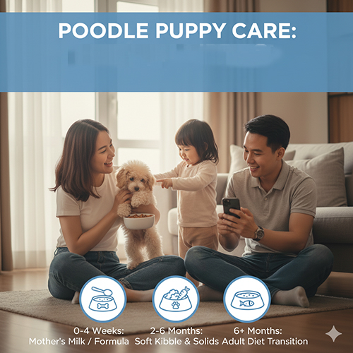 Chó Poodle con ăn gì theo tuổi – từ sữa mẹ 0–4 tuần, hạt mềm 2–6 tháng, đến khẩu phần trưởng thành sau 6 tháng
