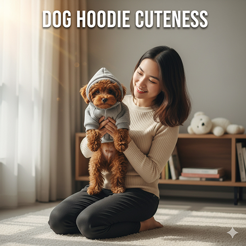 Ảnh chó Poodle mini dễ thương trong khoảnh khắc đời thường, mặc hoodie xám