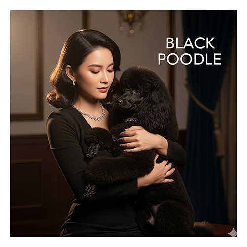 Chó Poodle đen tuyền sang trọng đang được cô gái ôm trong không gian quý phái.