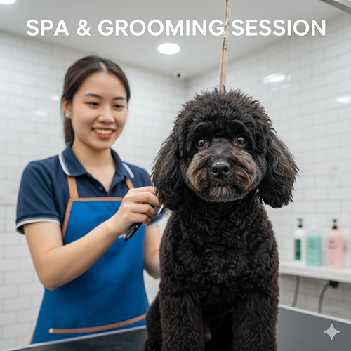 Ảnh chó Poodle đi spa grooming, bộ lông xoăn mượt mà và sang chảnh