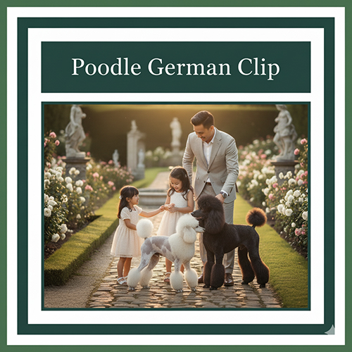 Gia đình Việt trẻ bên chó Poodle kiểu German Clip trong vườn.