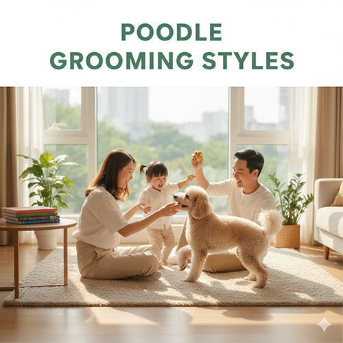 Gia đình Việt trẻ chơi với chó Poodle trong căn hộ, tiêu đề Poodle Grooming Styles.