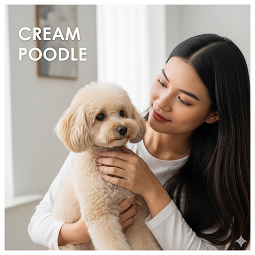 Chó Poodle màu kem nhạt được cô gái bế trên tay, bộ lông mềm mịn gần giống màu trắng pha vàng.