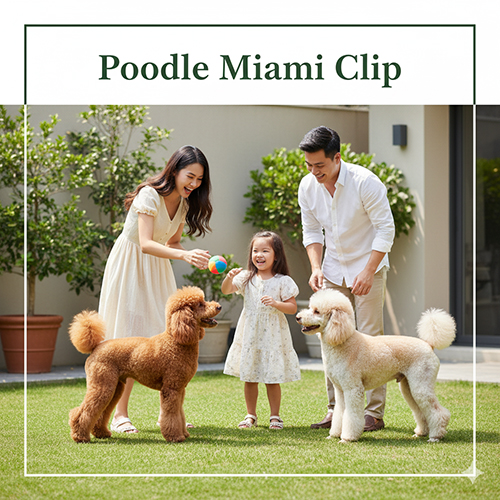 Gia đình Việt trẻ chơi với chó Poodle kiểu Miami Clip trong vườn nhà.