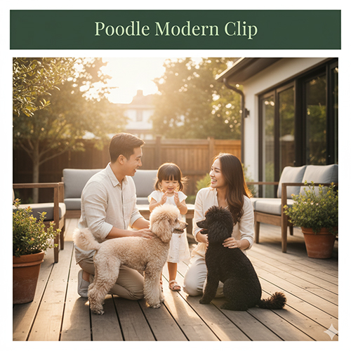 Gia đình Việt trẻ ngồi cùng chó Poodle kiểu Modern Clip trên sân thượng.
