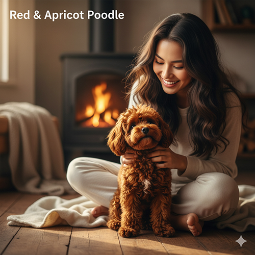 Chó Poodle nâu đỏ với bộ lông dày mềm mượt, ngồi bên cô gái trong không gian ấm áp cạnh lò sưởi.