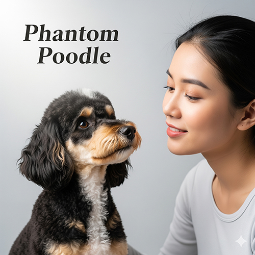 Chó Poodle phantom hiếm với bộ lông hai màu rõ rệt đen và vàng, ngồi cạnh cô gái.