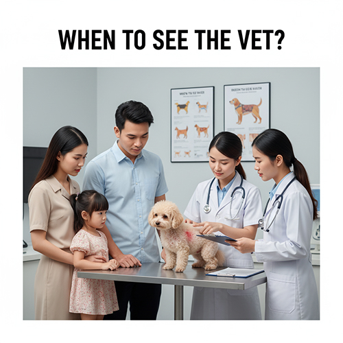 Chó Poodle được bác sĩ thú y kiểm tra da sau khi cạo lông máu – dấu hiệu cần khám: đỏ rát, mủ, ngứa dữ dội, hot spots hoặc bỏ ăn