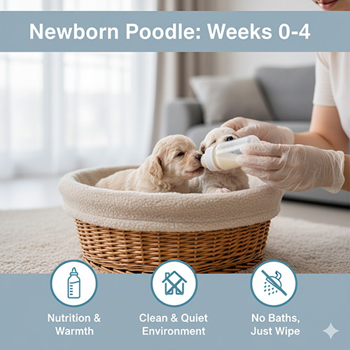 Chó Poodle sơ sinh 0–4 tuần bú sữa, chăm sóc dinh dưỡng và giữ ấm đúng cách