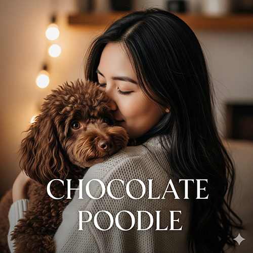 Chó Poodle socola hiếm với bộ lông nâu đậm óng mượt, được cô gái ôm trong không gian ấm áp.