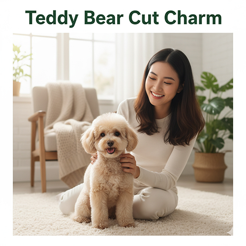 Cô gái Việt trẻ vuốt ve chó Poodle kiểu Teddy Bear trong nhà.