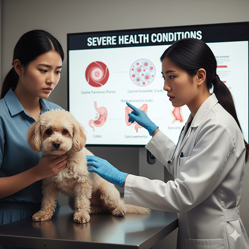 Chó Poodle tiêu chảy nặng do bệnh lý nguy hiểm như Parvo, Care, viêm ruột, viêm dạ dày.