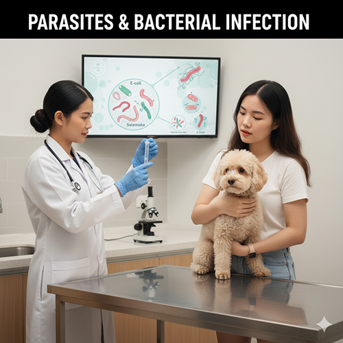 Chó Poodle bị tiêu chảy do nhiễm ký sinh trùng đường ruột hoặc vi khuẩn E.coli, Salmonella.