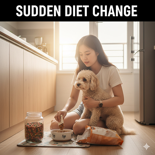 Nguyên nhân chó Poodle bị tiêu chảy do thay đổi thức ăn đột ngột – cần chuyển đổi khẩu phần trong 7–10 ngày để hệ tiêu hóa thích nghi.