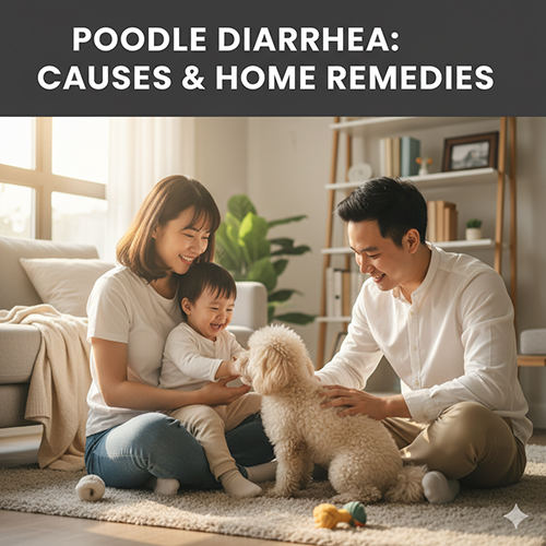 Gia đình chăm sóc chó Poodle bị tiêu chảy – nguyên nhân và cách chữa tại nhà an toàn: bù nước, ăn nhạt, men tiêu hóa, theo dõi dấu hiệu nguy hiểm.
