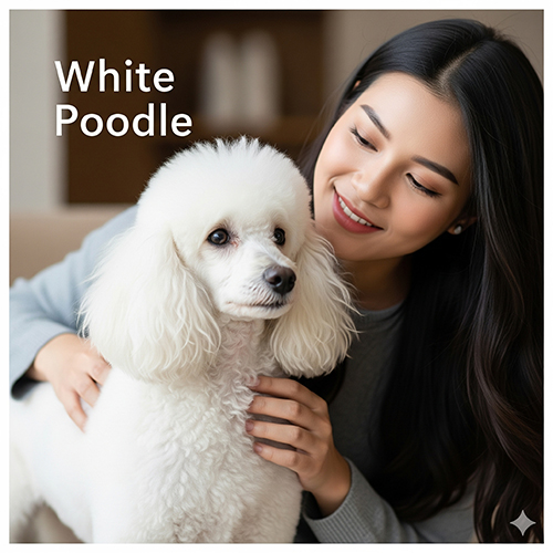 Chó Poodle trắng với bộ lông tinh khôi đang được cô gái âu yếm, biểu tượng cho vẻ đẹp sang trọng và nổi bật.