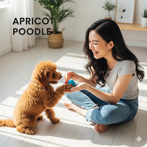 Chó Poodle vàng mơ đáng yêu đang chơi với cô gái trong căn phòng sáng sủa, dễ thương và nổi bật.