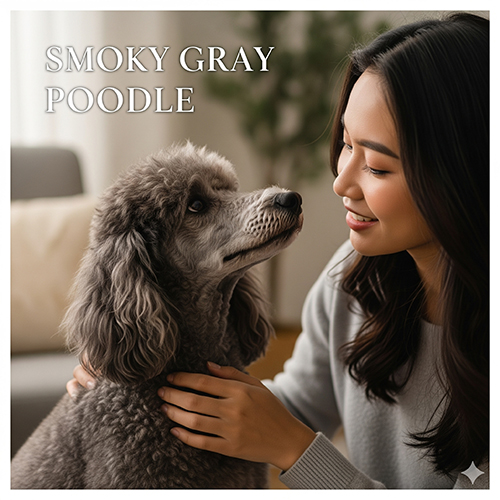 Chó Poodle xám khói hiếm gặp với bộ lông đặc trưng, ngồi cạnh cô gái và được âu yếm.