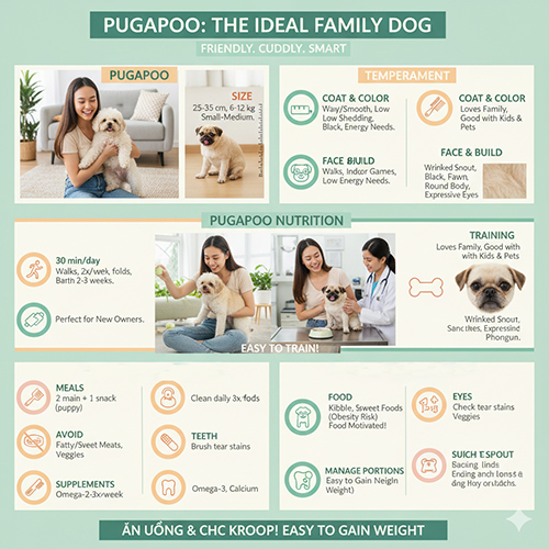Infographic Pugapoo – Poodle lai Pug dễ chăm sóc, ít rụng lông, thân thiện với gia đình