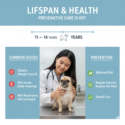 Tuổi thọ & sức khỏe Pugapoo – Poodle lai Pug sống 11–14 năm, dễ béo phì và cần vệ sinh da mặt
