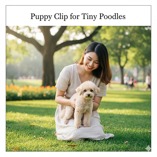 Cô gái Việt trẻ bế chó Poodle Tiny kiểu Puppy Clip ở công viên.