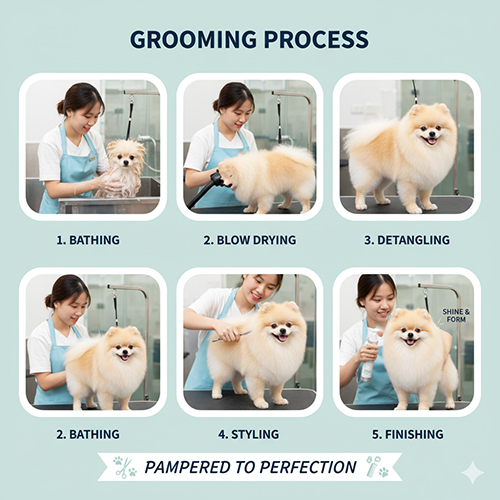 Quy trình grooming chó Phốc Sóc tại spa gồm tắm, sấy, chải gỡ rối, cắt tỉa tạo kiểu và hoàn thiện