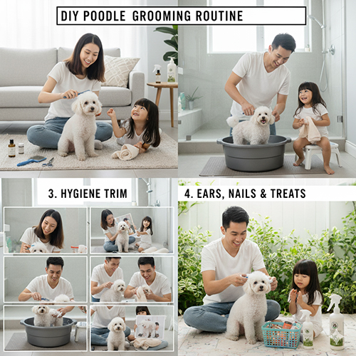 Bộ ảnh minh họa quy trình grooming Poodle tại nhà: chải lông, tắm sấy, cắt tỉa và vệ sinh tai – mắt – móng