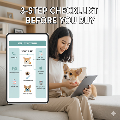 Người phụ nữ cầm tablet cùng chó Corgi, minh họa checklist 3 bước kiểm tra trước khi mua: xác thực người bán, xác thực bé, xác thực giao dịch