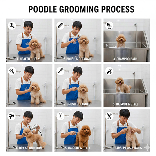 Chuỗi hình ảnh kỹ thuật viên spa chăm sóc chó Poodle theo quy trình: kiểm tra sức khỏe, gỡ rối, tắm, sấy, cắt tỉa, vệ sinh tai – mắt – răng – móng